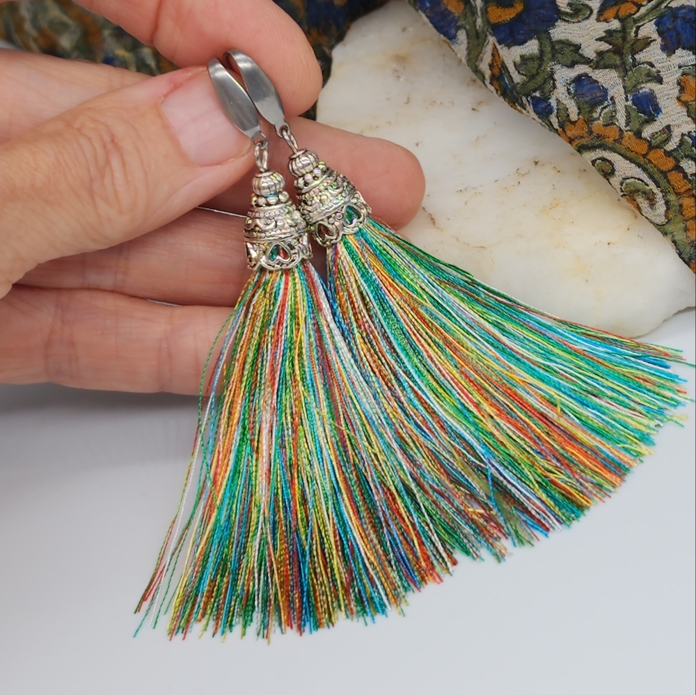 Boho Silk Tassels Colorful Bohemian Jewelry Silver Earrings